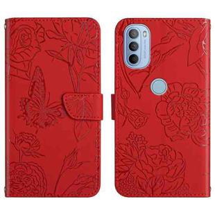 For Motorola Moto G31 / G41 Skin Feel Butterfly Peony Embossed Leather Phone Case(Red)