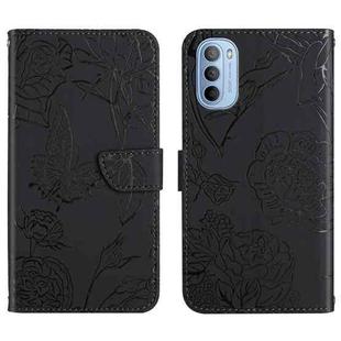 For Motorola Moto G51 Skin Feel Butterfly Peony Embossed Leather Phone Case(Black)