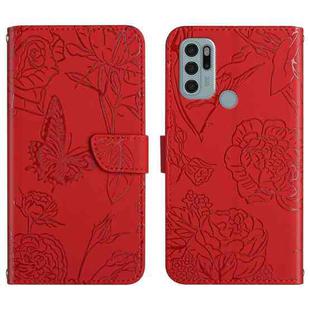 For Motorola Moto G60s Skin Feel Butterfly Peony Embossed Leather Phone Case(Red)
