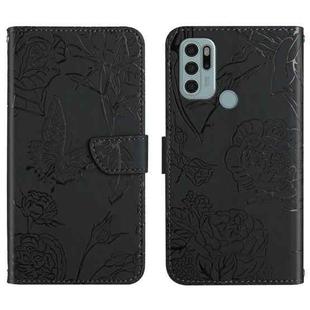 For Motorola Moto G60s Skin Feel Butterfly Peony Embossed Leather Phone Case(Black)