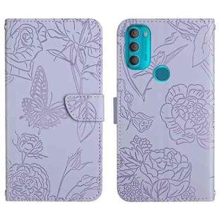 For Motorola Moto G71 Skin Feel Butterfly Peony Embossed Leather Phone Case(Purple)