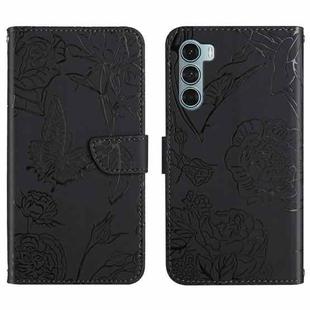 For Motorola Moto G200 5G Skin Feel Butterfly Peony Embossed Leather Phone Case(Black)