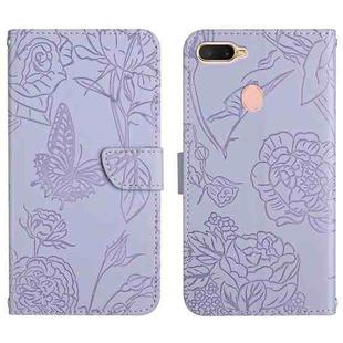 For OPPO A7 Skin Feel Butterfly Peony Embossed Leather Phone Case(Purple)