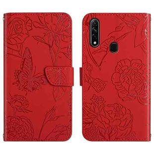 For OPPO A8 Skin Feel Butterfly Peony Embossed Leather Phone Case(Red)