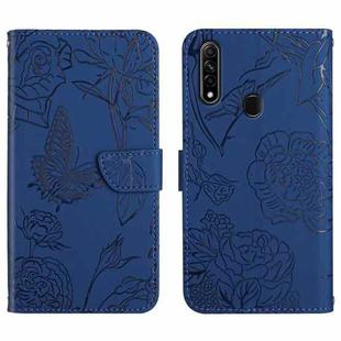 For OPPO A8 Skin Feel Butterfly Peony Embossed Leather Phone Case(Blue)