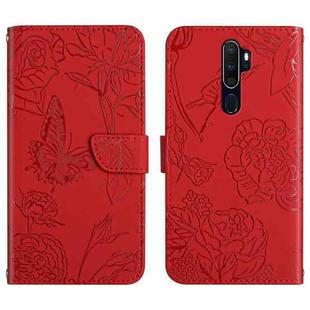 For OPPO A9 Skin Feel Butterfly Peony Embossed Leather Phone Case(Red)