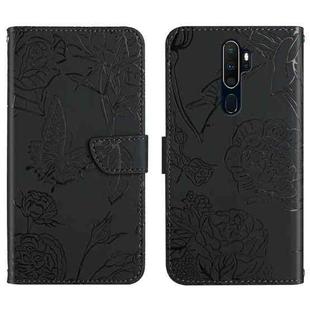 For OPPO A9 Skin Feel Butterfly Peony Embossed Leather Phone Case(Black)