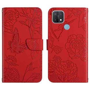 For OPPO A15 Skin Feel Butterfly Peony Embossed Leather Phone Case(Red)