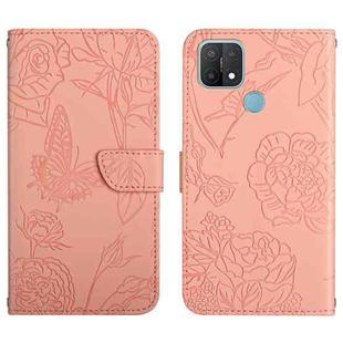 For OPPO A15 Skin Feel Butterfly Peony Embossed Leather Phone Case(Pink)