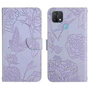 For OPPO A15 Skin Feel Butterfly Peony Embossed Leather Phone Case(Purple)