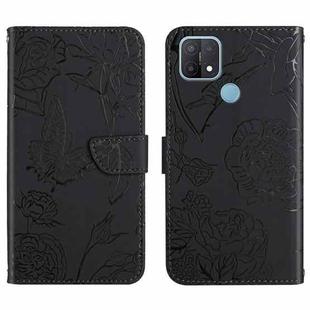 For OPPO A15 Skin Feel Butterfly Peony Embossed Leather Phone Case(Black)