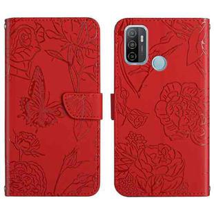 For OPPO A53 4G Skin Feel Butterfly Peony Embossed Leather Phone Case(Red)