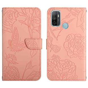 For OPPO A53 4G Skin Feel Butterfly Peony Embossed Leather Phone Case(Pink)