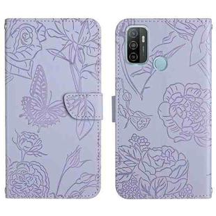 For OPPO A53 4G Skin Feel Butterfly Peony Embossed Leather Phone Case(Purple)