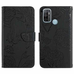 For OPPO A53 4G Skin Feel Butterfly Peony Embossed Leather Phone Case(Black)