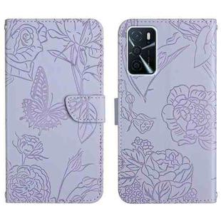 For OPPO A54 4G / A16 Skin Feel Butterfly Peony Embossed Leather Phone Case(Purple)