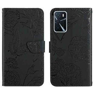 For OPPO A54 4G / A16 Skin Feel Butterfly Peony Embossed Leather Phone Case(Black)