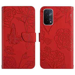 For OPPO A54 5G Skin Feel Butterfly Peony Embossed Leather Phone Case(Red)