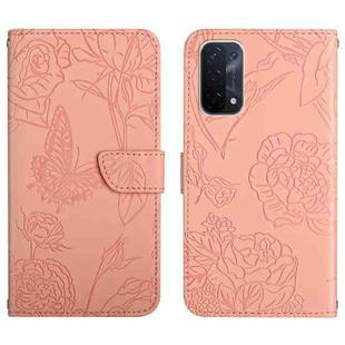 For OPPO A54 5G Skin Feel Butterfly Peony Embossed Leather Phone Case(Pink)