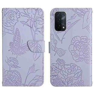 For OPPO A54 5G Skin Feel Butterfly Peony Embossed Leather Phone Case(Purple)