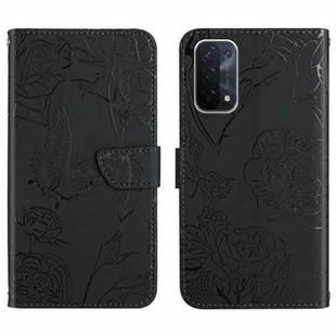 For OPPO A54 5G Skin Feel Butterfly Peony Embossed Leather Phone Case(Black)