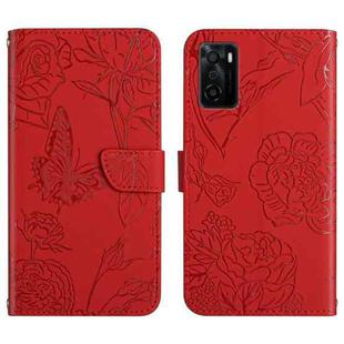 For OPPO A55s Skin Feel Butterfly Peony Embossed Leather Phone Case(Red)