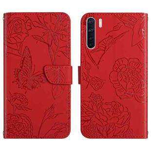 For OPPO A91 Skin Feel Butterfly Peony Embossed Leather Phone Case(Red)