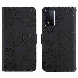 For OPPO A93s Skin Feel Butterfly Peony Embossed Leather Phone Case(Black)