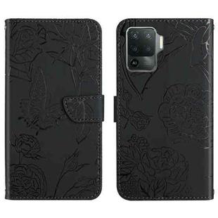 For OPPO A94 4G Skin Feel Butterfly Peony Embossed Leather Phone Case(Black)