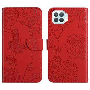 For OPPO F17 Skin Feel Butterfly Peony Embossed Leather Phone Case(Red)