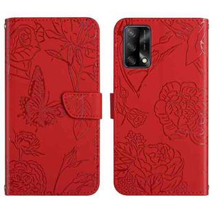 For OPPO F19 Skin Feel Butterfly Peony Embossed Leather Phone Case(Red)