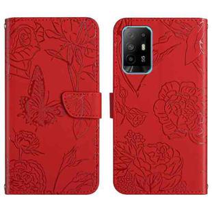 For OPPO F19 Pro+ Skin Feel Butterfly Peony Embossed Leather Phone Case(Red)