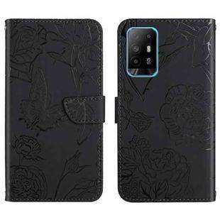 For OPPO F19 Pro+ Skin Feel Butterfly Peony Embossed Leather Phone Case(Black)