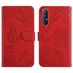 For OPPO Reno3 Pro Skin Feel Butterfly Peony Embossed Leather Phone Case(Red)