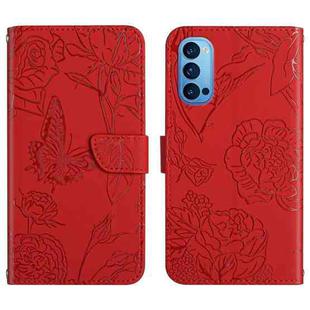 For OPPO Reno4 Pro Skin Feel Butterfly Peony Embossed Leather Phone Case(Red)