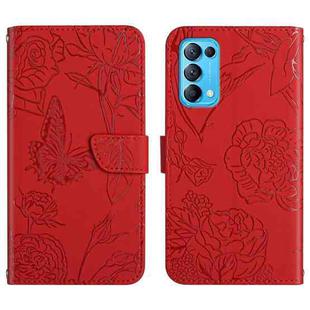 For OPPO Reno5 4G Skin Feel Butterfly Peony Embossed Leather Phone Case(Red)