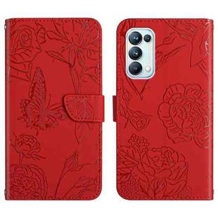 For OPPO Reno5 Pro 5G Skin Feel Butterfly Peony Embossed Leather Phone Case(Red)