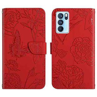 For OPPO Reno6 Pro 5G Skin Feel Butterfly Peony Embossed Leather Phone Case(Red)