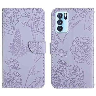 For OPPO Reno6 Pro 5G Skin Feel Butterfly Peony Embossed Leather Phone Case(Purple)
