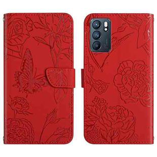 For OPPO Reno6 5G Skin Feel Butterfly Peony Embossed Leather Phone Case(Red)