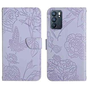 For OPPO Reno6 5G Skin Feel Butterfly Peony Embossed Leather Phone Case(Purple)