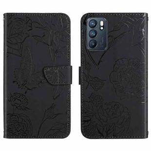 For OPPO Reno6 5G Skin Feel Butterfly Peony Embossed Leather Phone Case(Black)
