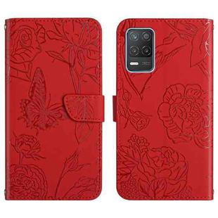 For OPPO Realme 8 5G / V13 5G Skin Feel Butterfly Peony Embossed Leather Phone Case(Red)