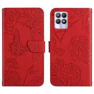 For OPPO Realme 8i Skin Feel Butterfly Peony Embossed Leather Phone Case(Red)