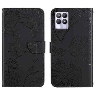 For OPPO Realme 8i Skin Feel Butterfly Peony Embossed Leather Phone Case(Black)