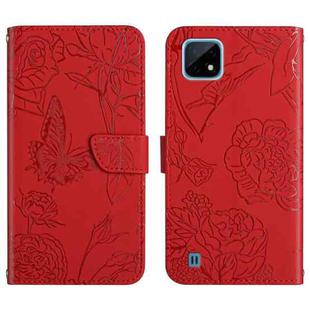 For OPPO Realme C11 Skin Feel Butterfly Peony Embossed Leather Phone Case(Red)