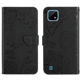 For OPPO Realme C11 Skin Feel Butterfly Peony Embossed Leather Phone Case(Black)