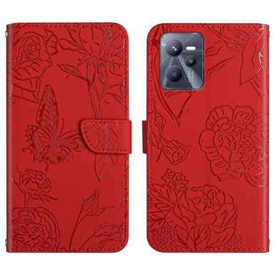 For OPPO Realme C35 Skin Feel Butterfly Peony Embossed Leather Phone Case(Red)