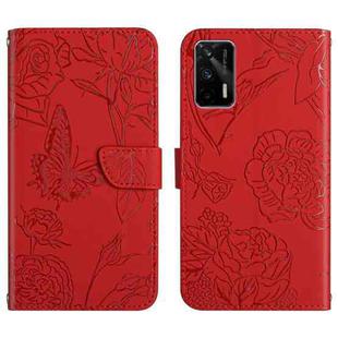 For OPPO Realme GT Skin Feel Butterfly Peony Embossed Leather Phone Case(Red)
