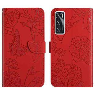 For vivo V20 SE Skin Feel Butterfly Peony Embossed Leather Phone Case(Red)